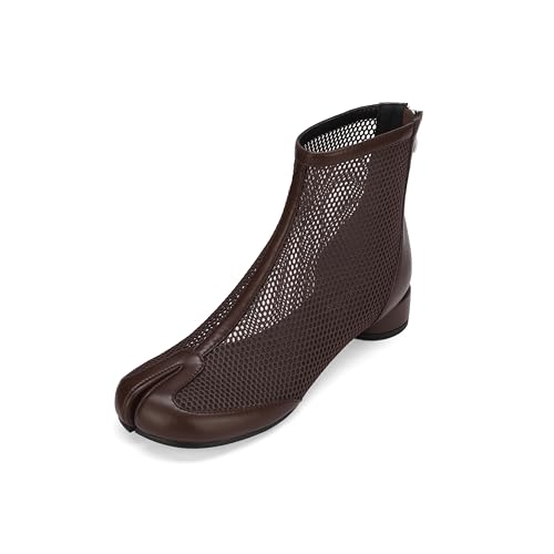 Image of Split Toe Ankle Boots for Women Tabi Japanese Ninja Shoes Low Chunky Heels Booties, Stretch Artificial Leather Boots Back Zipper