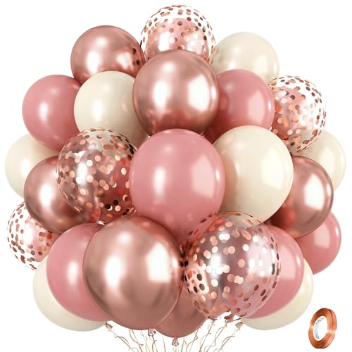 Image of Dusty Pink and Rose Gold Balloons, 12In Retro Blush Pink Beige White Balloons with Metallic Rose Gold Confetti Latex Balloons Set for Girls Women Birthday Baby Bridal Shower Wedding Party Decorations