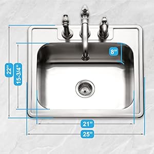 Houzer Stainless Steel 2522-8BS3-1 Glowtone Series Kitchen Sink - 25" Topmount Drop In Multipurpose Sink, Single Bowl Basin, 3 Hole, Ideal for Workstation, RV, Outdoor Kitchen, or Bar Houzer Stainless Steel 2522 8BS3 1 Glowtone Series Kitchen Sink 25 Topmount Drop In Multipurpose Sink Single Bowl Basin 3 Hole Ideal for Workstation RV Outdoor Kitchen or Bar