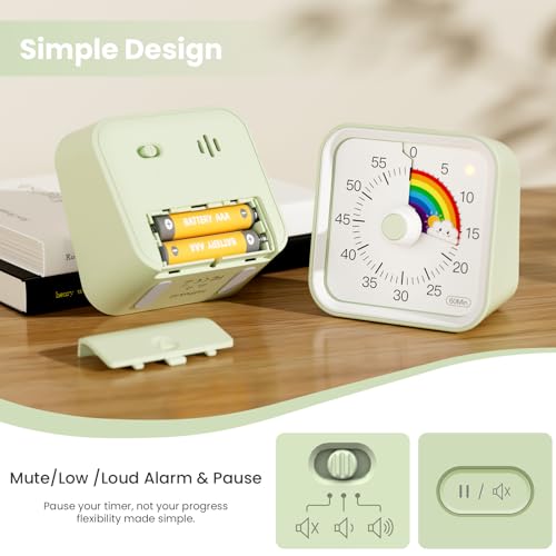 InfPokid Visueller Timer Kinder mit Pausenfunktion, 60 Minuten Countdown Regenbogen Timer für Kinder Schreibtischstudie, Klassenzimmer, Büro, Küche, Leises Zeitmanagement für ADHS (Grün Regenbogen) 5