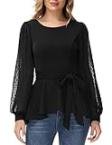 JASAMBAC Peplum Blouse for Women Mesh Long Sleeve Bow Tie Ruffle Asymmetrical Tops Plus Size Black...