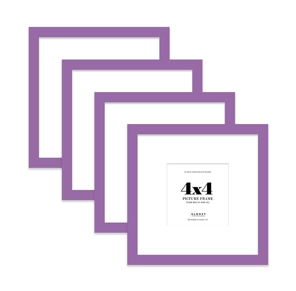 4x4 Purple Picture Frame with Mount for 2x2 Photos, Prints - Modern Square Wall Frame, Set of 4