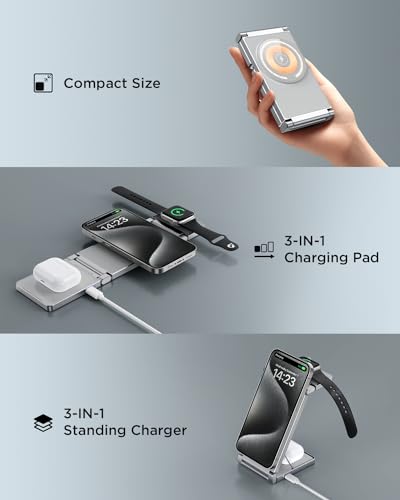 Image of Magnetic Charging Station,Hohosb 3 in 1 Foldable Zinc Alloy Wireless Charger Stand[Compatible with Magsafe Charger] for iPhone 15 /14 /13 /12 Series,AirPods Pro /3 /2,Apple Watch /iWatch(Titanium Grey)