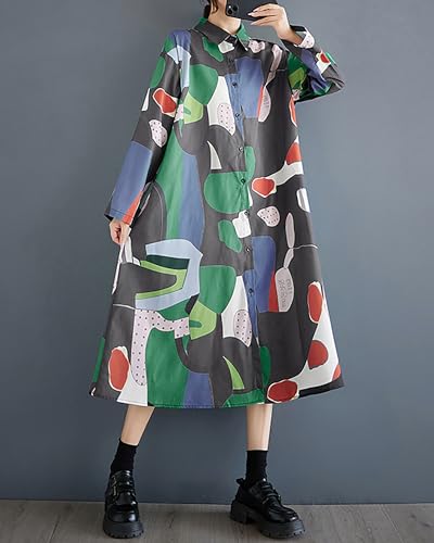 Image of ellazhu Womens Fall Casual Patchwork Funky Long Sleeve Designer Dress Loose Blouse GY2787 A