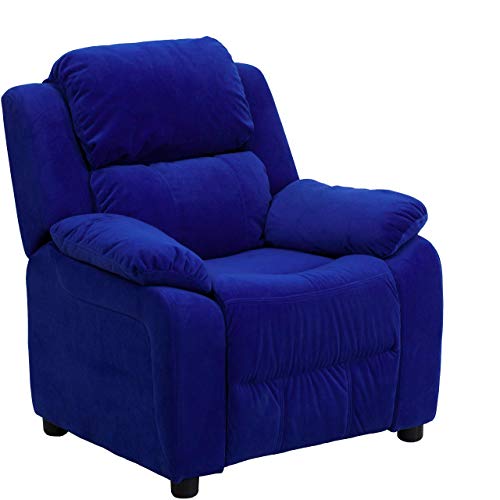 Flash Furniture Deluxe Padded Contemporary Blue Microfiber Kids Recliner with Storage Arms