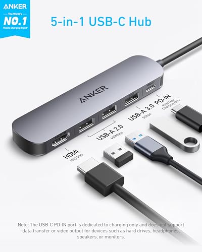 Image of Anker USB-C Hub (5-in-1), 4K@30Hz HDMI with 100W Max Power Delivery, USB-C and USB-A Data Ports, Compact and Stylish for MacBook, Dell XPS, and More (Charger Not Included)