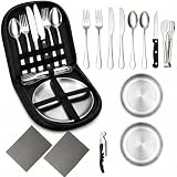 Camping Geschirr Set für 2 Personen, 14-teiliges Campingbesteck Set aus Edelstahl mit wiederverwendbarer Bestecktasche, Teller, Gabel, Messer, Löffel, Zange & Flaschenöffner für Camping, Picknick
