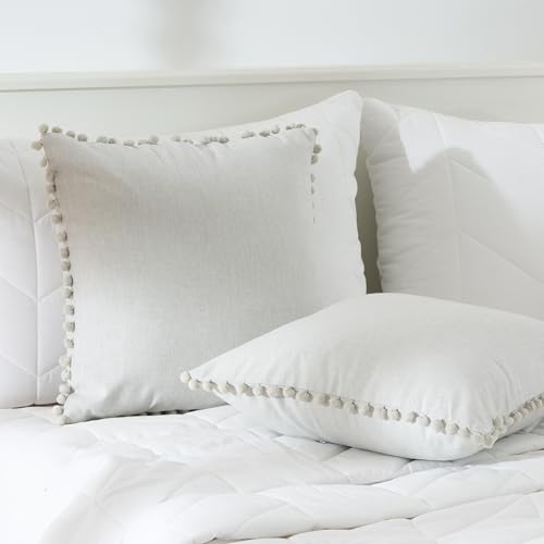 Image of 100% Cotton Pom Pom Cushion Without Filler, Elegant & Modern Cushion Cover for Living Room, Square Shape, 20 inchx20 inch, uni Chambray, Set of 4 - L.Gray