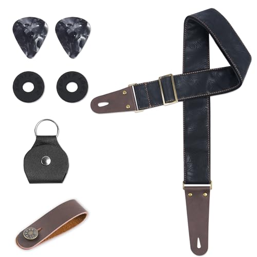 Czzmy Adjustable Guitar Strap Includes 2 Strap Locks & 2 Matching Picks.Leather ends Guitar Shoulder Strap Suitable for Acoustic Guitar,Electric Guitar,Gift for Guitarist(1-Carved Black)