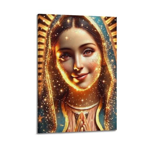 Poster d'art numérique religieux de la Vierge rougeoyante toile 30x45cm encadré