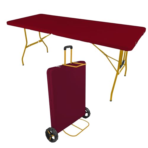 6Ft Rolling Folding Table with Built-in Wheels, Durable Plastic, Team Colors, Easy to Carry, Perfect for Camping, Picnic, Tailgating, Party, Indoor/Outdoor Use (Single Table, Yellow & Red)