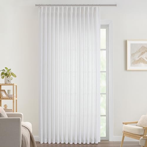 Image of Vision Home White Pinch Pleated Semi Sheer Curtains Textured Light Filtering Window Curtains 120 inch for Living Room Bedroom Patio Rayon Blended Pinch Pleat Drapes with Hooks 1 Panel 10ft 80 inchWx120 inchL