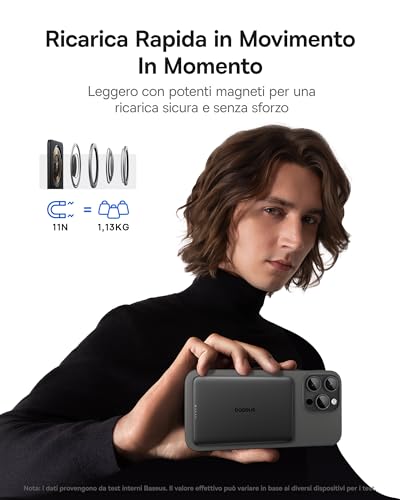 Baseus Picogo AM41 Power Bank, Ultra Slim 5000mAh Magsafe Powerbank, Ricarica Rapida PD 20W, Portatile, Magnetico Batteria Esterna Wireless con cavo USB C per iPhone 17/16/15/14/13/12, Nero - Immagine 4