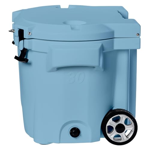 Image of Laka Cooler with Wheels - 30QT Rotomolded Insulated Rolling Hard Cooler, Telescoping Handle, Holds 24 Cans + Ice, Up to 7 Days Cold, Drain Plug, Cup Holders + Bottle Opener, Beach /Camping /Boat
