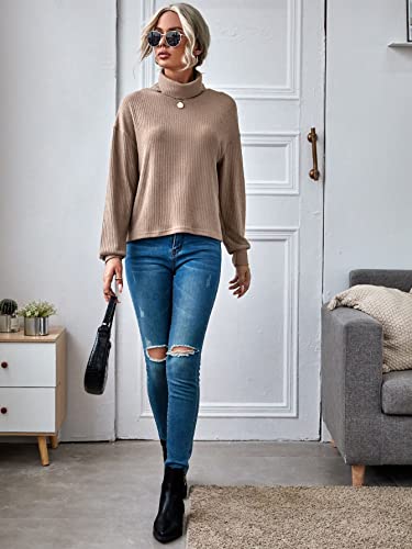 Soly Hux Women's Ribbed Knit Mock Turtle Neck Sweater Pullover Tops Drop Shoulder Long Sleeve Tee T Shirts Khaki L #TOP4