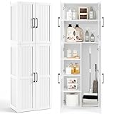 Yaheetech 175,5 cm H Besenschrank, Mehrzweckschrank mit 4 Türen, 37,5 cm Vertiefung Vorratsschrank, Schlanker Aufbewahrungsschrank mit Staubsaugerfach, Weiß