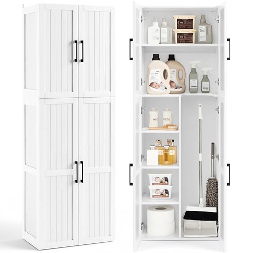 Yaheetech 175,5 cm H Besenschrank, Mehrzweckschrank mit 4 Türen, 37,5 cm Vertiefung Vorratsschrank, Schlanker Aufbewahrungsschrank mit Staubsaugerfach, Weiß