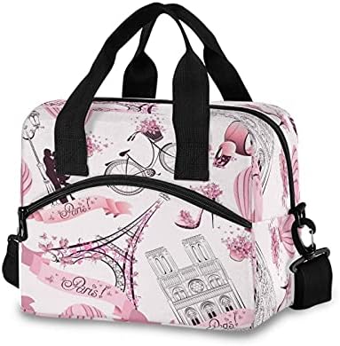 TropicalLife Lunch Bag Insulated Eiffel Tower Paris Bicycle Large Lunch Box Meal Prep Women, Pink Butterfly Reusable Lunch Cooler Tote Bag with Adjustable Shoulder Strap for Men Adult Work Kids Girls