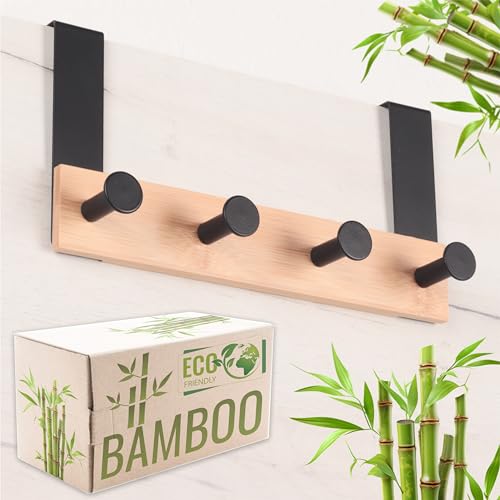 RICOO Perchero de Puerta con 4 Ganchos MH029N-4, Montaje Sin Perforaciones, 25x13x6,6cm, Diseño Elegante en Color natural, Ideal para Baños, Dormitorios y Cocinas, Bambú y Acero, 1 pieza