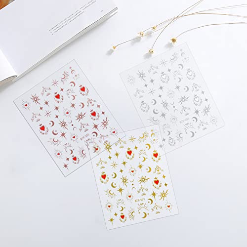 6 Sheets Nail Art Stickers Moon Sun Star Heart Nail Art Stickers Self-Adhesive 3D Bronzing Holographic Starlight Nail Art Decals For French Nails Design Accessories Girls Women Diy Nail Decorations Supplies #TOP5