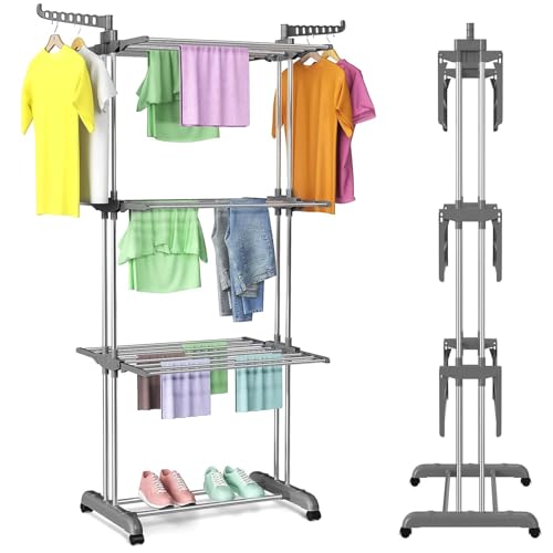 Toworld Clothes Drying Rack Folding 4 Tier Clothes Horses Rack Stainless Steel Laundry Drying Rack with 2 Adjustable Side Wings, Space Saving Free-Standing Dryer Stand for Clothing