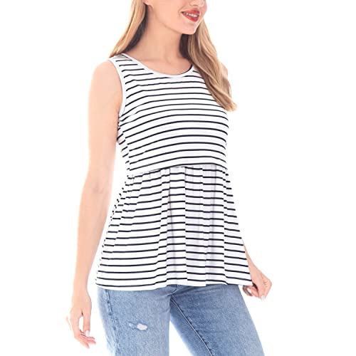 Bearsland Women's Maternity Nursing Tank Tops Sleeveless Scoop Neck Breastfeeding Shirt Pregnancy Clothes,Black&White Stripe&White Flower,M #TOP3