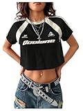 RoseSeek Women's Y2K Short Sleeve Crop T Shirts Striped Letter Graphic Tees Music Festival Crop Tops Black Medium