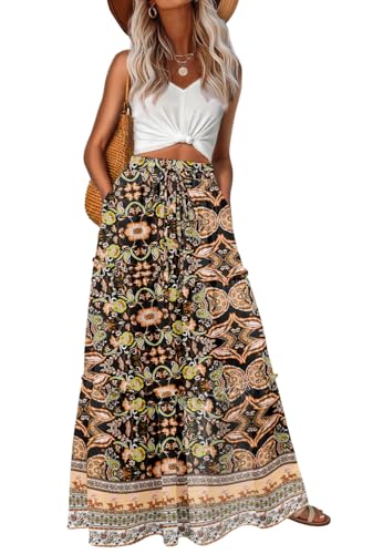 Image of Lepunuo Womens Casual Boho High Waisted Flowy Maxi Skirts Tiered Floral Long Skirts with Pockets for Summer Beach Vacation
