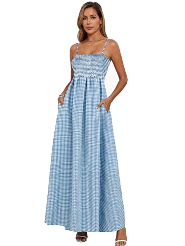 Image of Women Detachable Strap Beach Dress Strapless Smocked Pockets Maxi Dress | Removable Straps Flowy Swing A Line Maxi Beach Dress Boho Vacation Casual Smocked Strapless Beach Wedding Guest Sundress