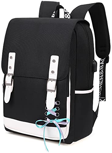 Mochila portátil para mujer de 15,6 pulgadas, mochila escolar para hombre, mochila con puerto de carga USB para mujeres, universidad, viajes, ocio, trabajo, Negro , L Cover