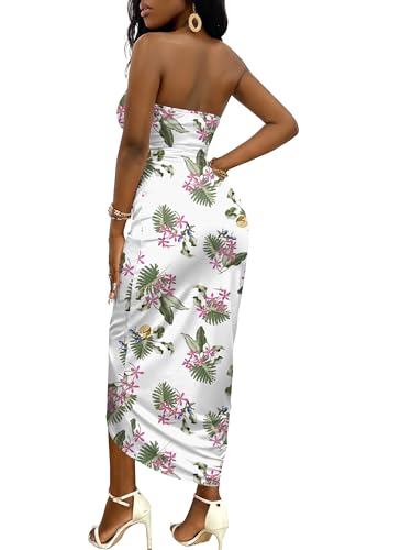 Image of Umenlele Women's Strapless Ruched High Waist Wrap Split Asymmetrical Beach Maxi Long Dress