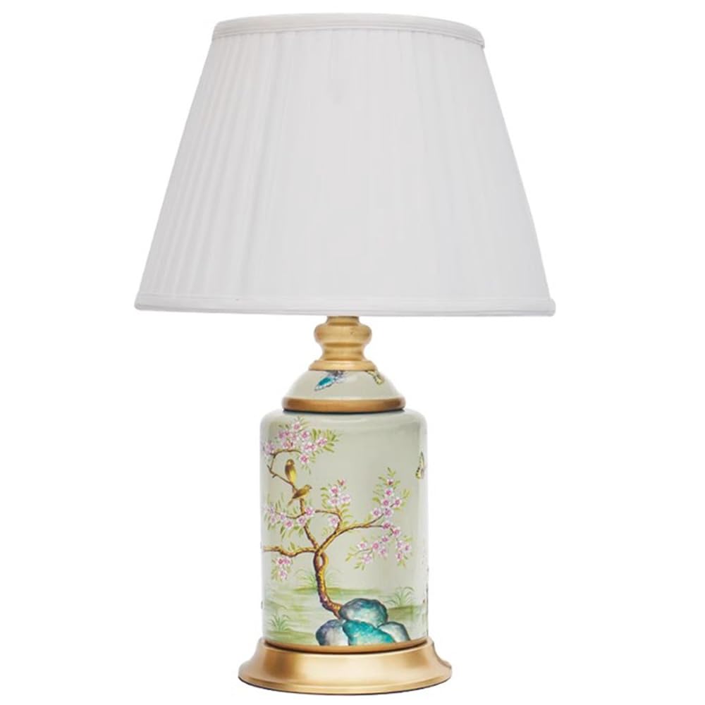 SANBDDLYY Hand-Painted Floral Ceramic Table Lamp - Vintage Chinese Style Bedside Fabric Shade for Living Room and Office