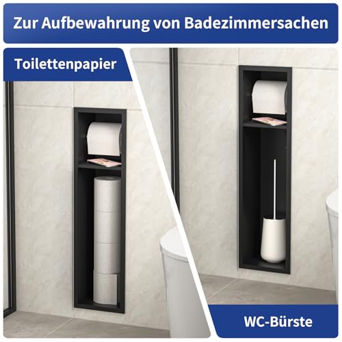 Bernkot Unterputz Toilettenpapierhalter Edelstahl Mit Schiebetür, Badezimmerschrank mit Toilettenpapierhalter für die Klobürstengarnitur, Schwarz, 66x18x15 cm