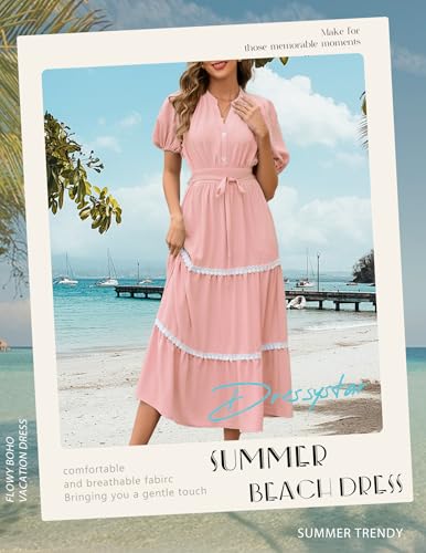 Image of Dressystar Women's Puff Sleeve Boho Maxi Dress V Neck Tiered Summer Wedding Guest Beach Vacation Dresses 2025