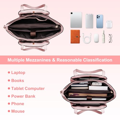 MOSISO Laptop Tote Bag for Women, 15.6 inch PU Leather Work Laptop Bag with Flap Buckle & Clutch Purse, Large Capacity Computer Shoulder Handbag for Casual Business Travel, Pink4