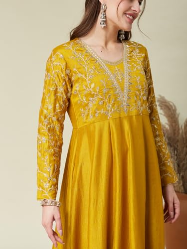 Image of MOKOSH Women's Silk Anarkali Kurta Pant with Dupatta | Anarkali Kurta Set | Embroidered | 3 Piece Outfit | Floral Ethnic Suit 4 Colour Options Available