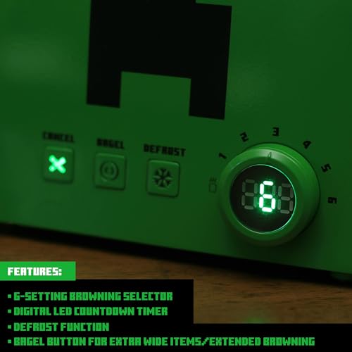 Minecraft-Green-Creeper-2-Slice-Toaster-For-Bagels-Waffles-and-Breads-Features-6-Settings-With-Defrost-Option-Imprints-Creeper-Symbol-On-Bread Minecraft Green Creeper 2 Slice Toaster For Bagels Waffles and Breads Features 6 Settings With Defrost Option Imprints Creeper Symbol On Bread