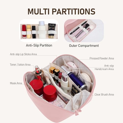 Large Capacity Cosmetic Bag for Women, Waterproof PU Leather Makeup Bag for Travel,Toiletry Bag Make up Organizer with Divider and Handle (Pink)2