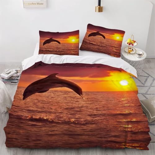Funda Nordica de 3 Piezas para Cama 90 Delfín Funda Edredon 150x220 cm Animales Delfines Ropa de Cama de Microfibra Transpirable con Cremallera y 2 Fundas de Almohada 50x75 cm B-605