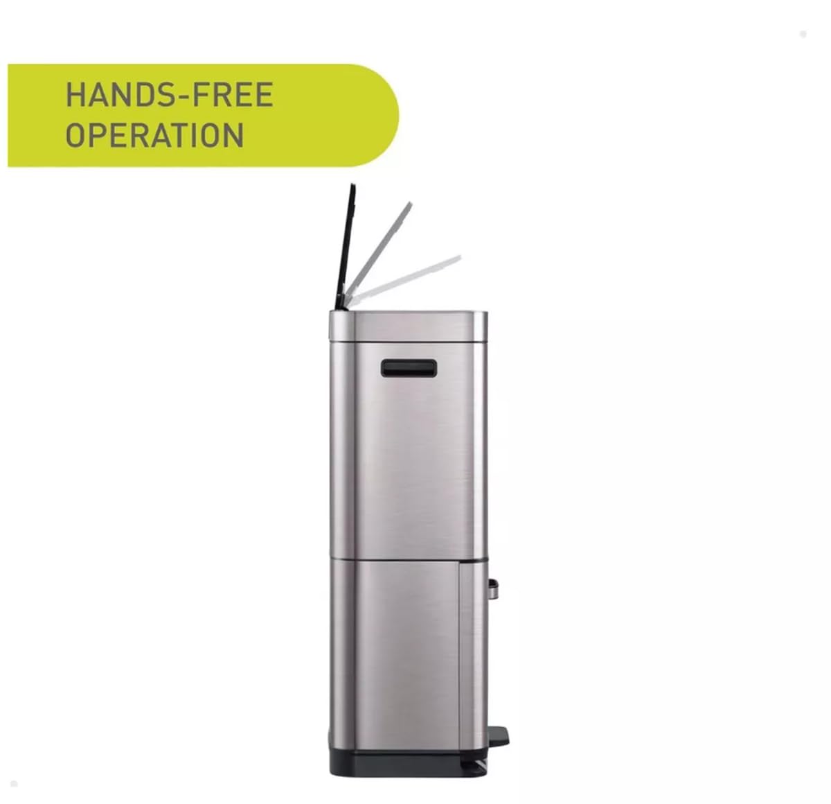 lateral view of the trash can showing the lid opening automatically with a hands-free motion.