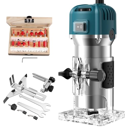 JiGiU 800W Fresadora de Madera Velocidad Variable Rebajadora Eléctrica 6.35mm(1/4 pulgada) 30000r/min con 6 Puntas de Carburo, Cuerpo de Aleación de Aluminio Resistente con 15 Piezas Fresas