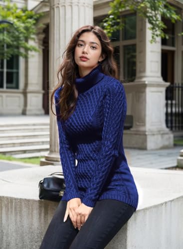 Image of v28 Women's Cotton Turtle Cowl Neck Aran Fishermen Fair Isle Cable Knit Sweater