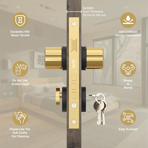 Image of GLOXY Zinc Knob Handle for Mortise Lock Pull Handle Left & Right Door Compatibility Door Lock with 3 Key Lock Body & Cylinder for Home|Gold & Black Finish (2 Years Warranty, Pack of 1)