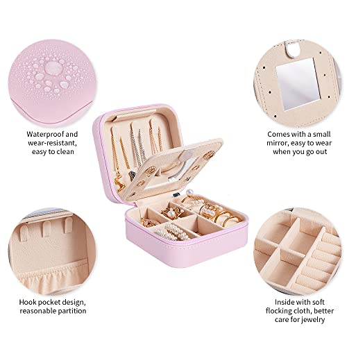 Mini Portable Jewelry Box Organiser, Travel Jewellery Case, Leather Double Layer Jewelry Box With Mirror, Rings Earrings Necklace Bracelets Jewelry Gift Box Girls Women (Pu-Pink) #TOP5