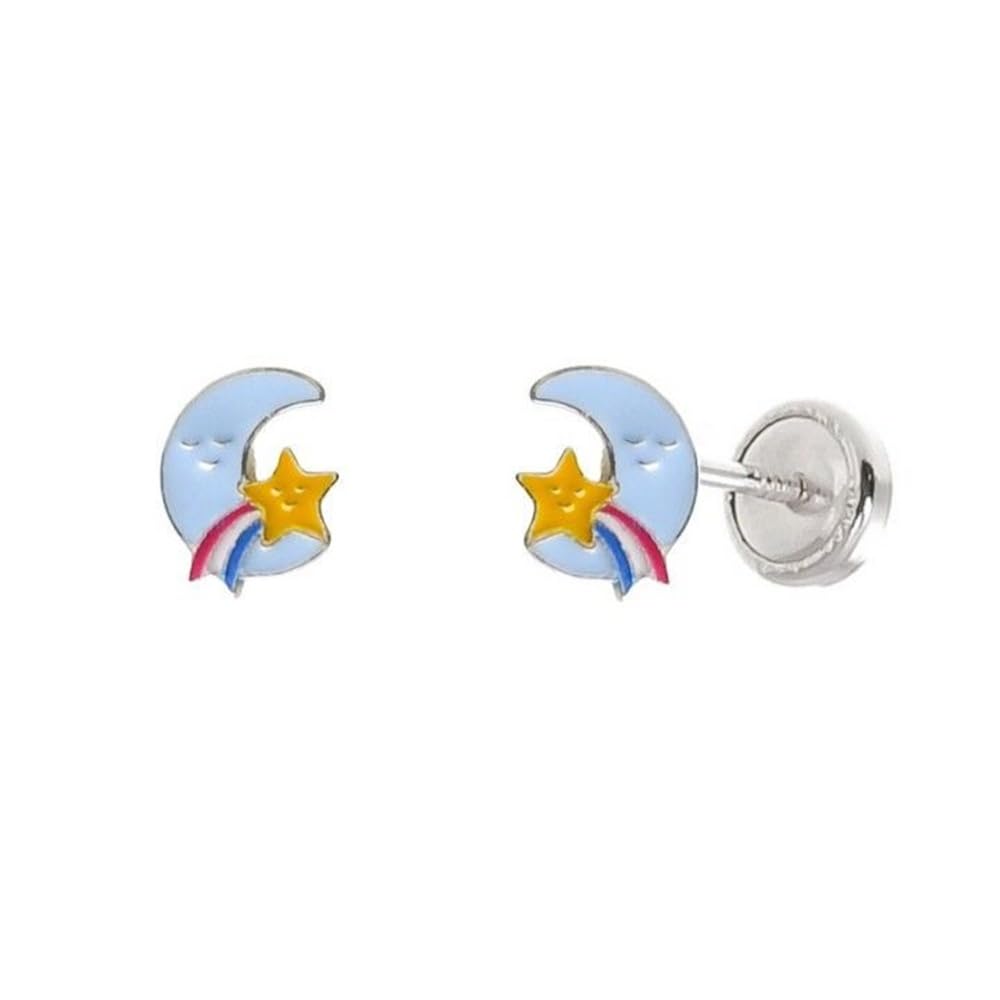 Orecchini A Vite Per Bambine In Argento 925 Con Opale Simulato - Design Luna E Stella Ipoallergenici, Sicuri E Confezione Regalo