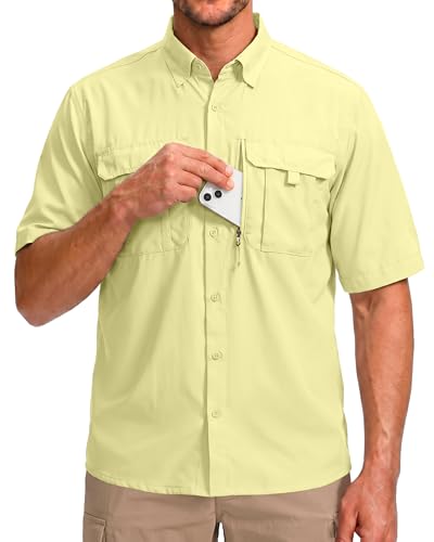 BETBO Men's Short Sleeves Fishing Shirts Button Down Summer Travel Work Shirts with Zipper Pockets(Lemon, Medium)