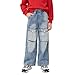 Tenfinordi Blue Boys Cargo Baggy Straight Wide Leg Denim Jeans, Loose Fit Elastic Waist Pull On Jeans, 6 Pockets Fashion Kids for School Y2K Streetwear Size 10