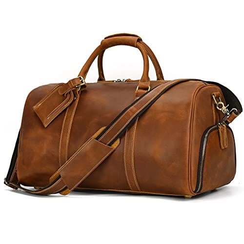 SAIION Leather Duffel Bags for Men and Women, 20 Inch Full Grain Leather Travel Overnight Weekend Duffel, 9804 Light Brown