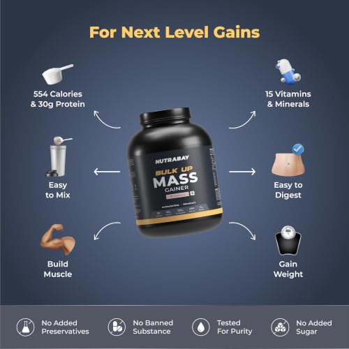 Image of Nutrabay Gold Bulk Up Mass Gainer Powder - 3kg, Strawberry | 30g Protein, 104g Carbs, 554 Calories | Easy to Digest | 100% Veg Muscle Building & Weight Gainer Supplement for Men & Women