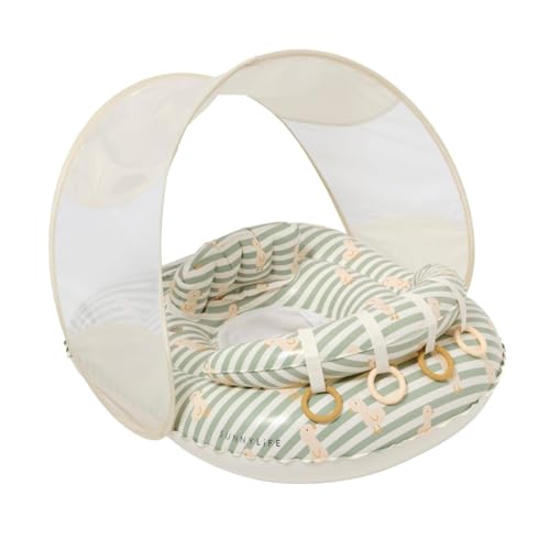 Image of SUNNYLiFE Baby Float with Canopy — UPF40 Infant Pool Float for 6-12 Months, Adjustable Fabric Seat, 4 Silicone Play Rings | Dex the Duck Green